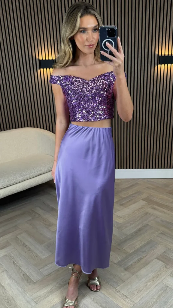 VERA LUCY Tops^Abigail Purple Off Shoulder Sequin Crop Top