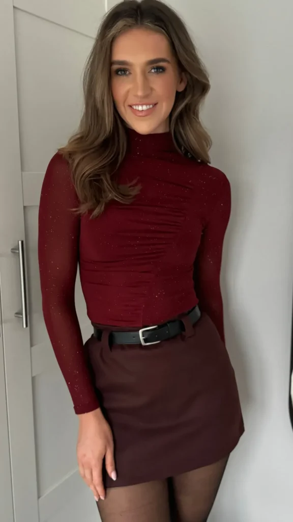 FEELKOO Tops^Adaline Dark Red High Neck Ruched Sequin Detail Top
