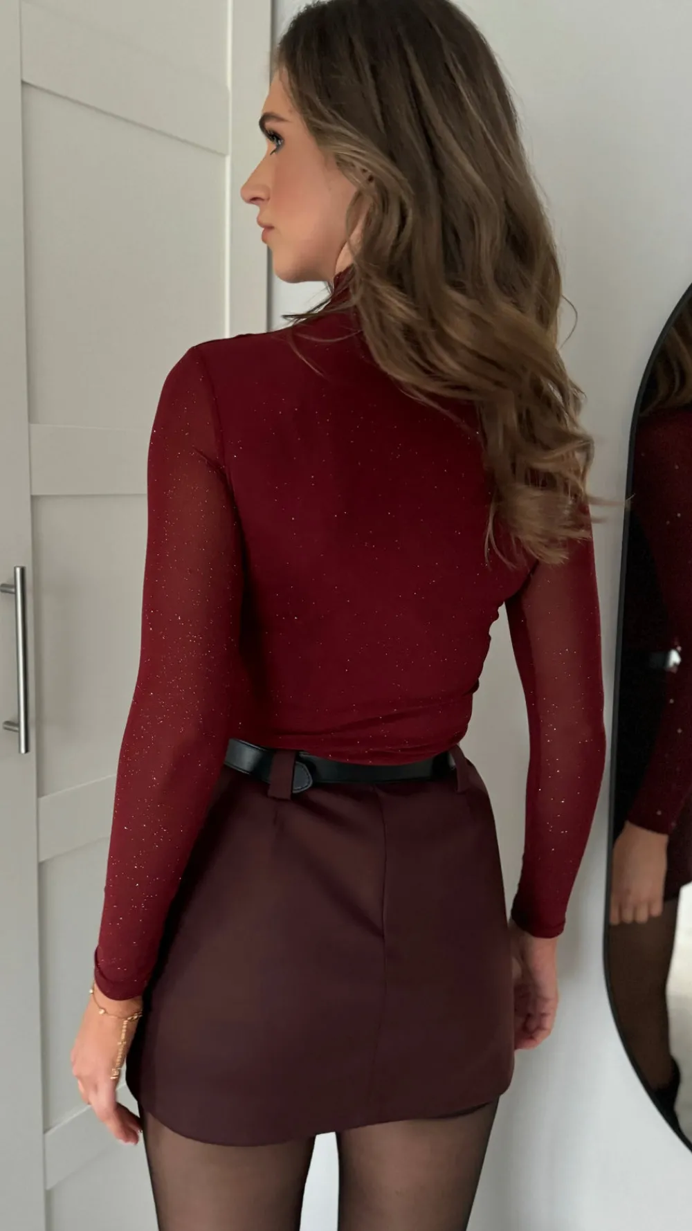 adaline_dark_red_high_nec_3.webp FEELKOO Tops^Adaline Dark Red High Neck Ruched Sequin Detail Top