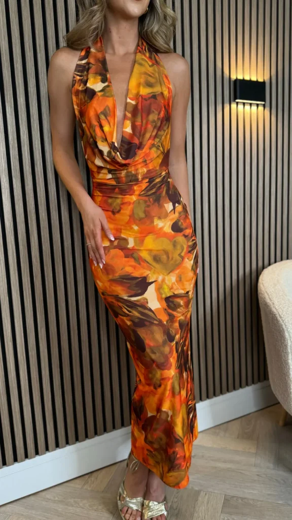 COPPEROSE Going Out Dresses | Occasion Dresses^Adelade Orange Floral Halterneck Maxi Dress