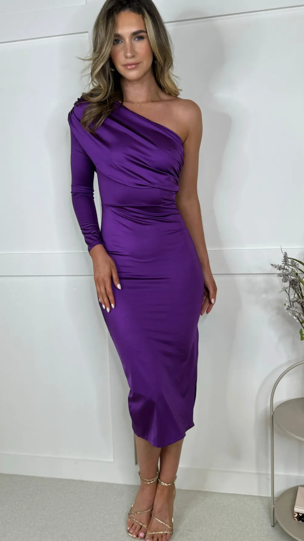 adele_purple_one_shoulder_0.webp COPPEROSE Going Out Dresses | Occasion Dresses^Adele Purple One Shoulder Draped Detail Midi Dress