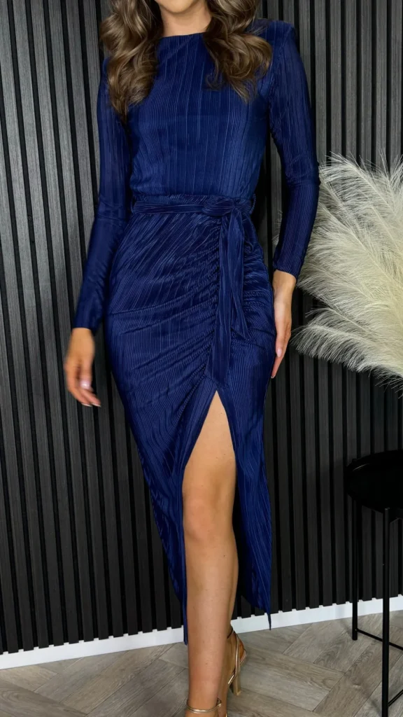 GIRL IN MIND Fitted Dresses | Going Out Dresses^Adella Navy Long Sleeve Ruched Seamed Midi Dress
