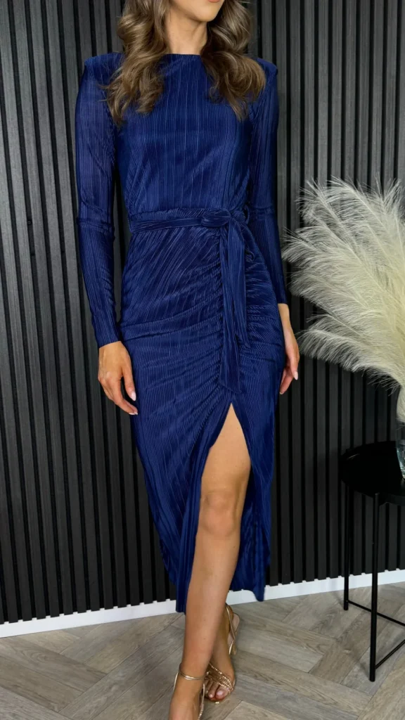 GIRL IN MIND Fitted Dresses | Going Out Dresses^Adella Navy Long Sleeve Ruched Seamed Midi Dress