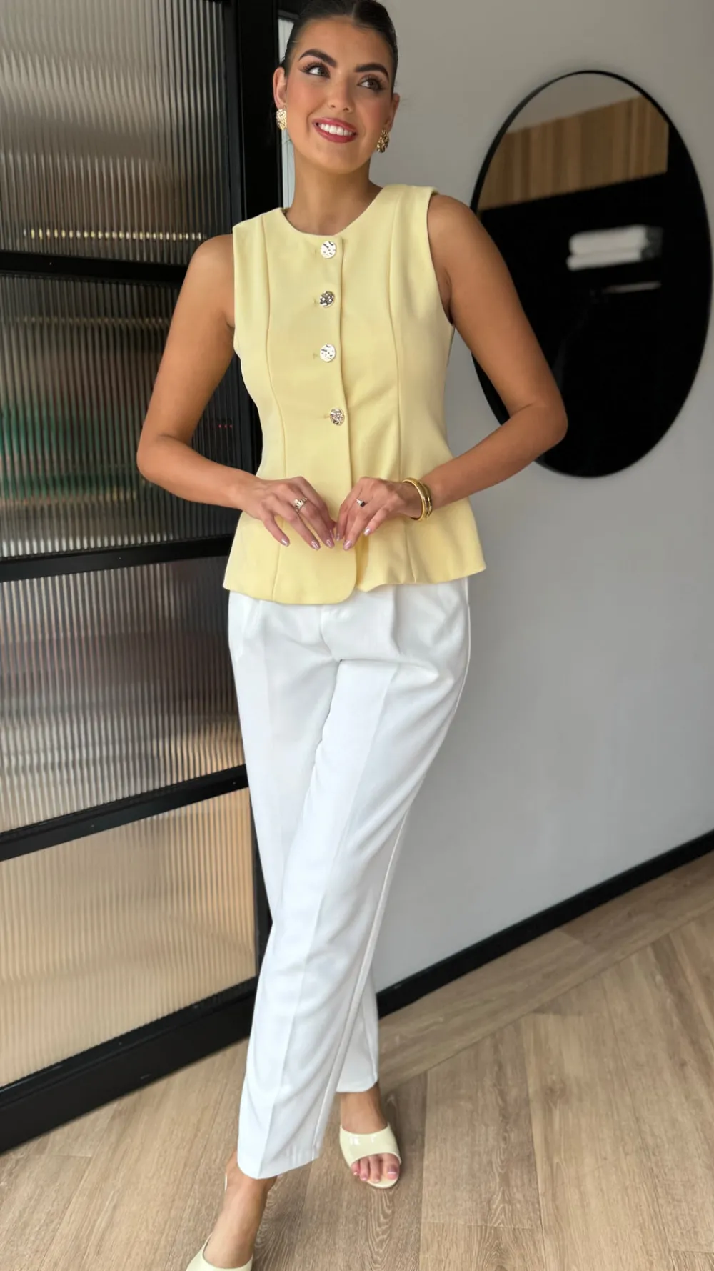 ainsley_yellow_gold_butto_0.webp PARIS FASHION SHOPS Tops^Ainsley Yellow Gold Button Detail Waistcoat