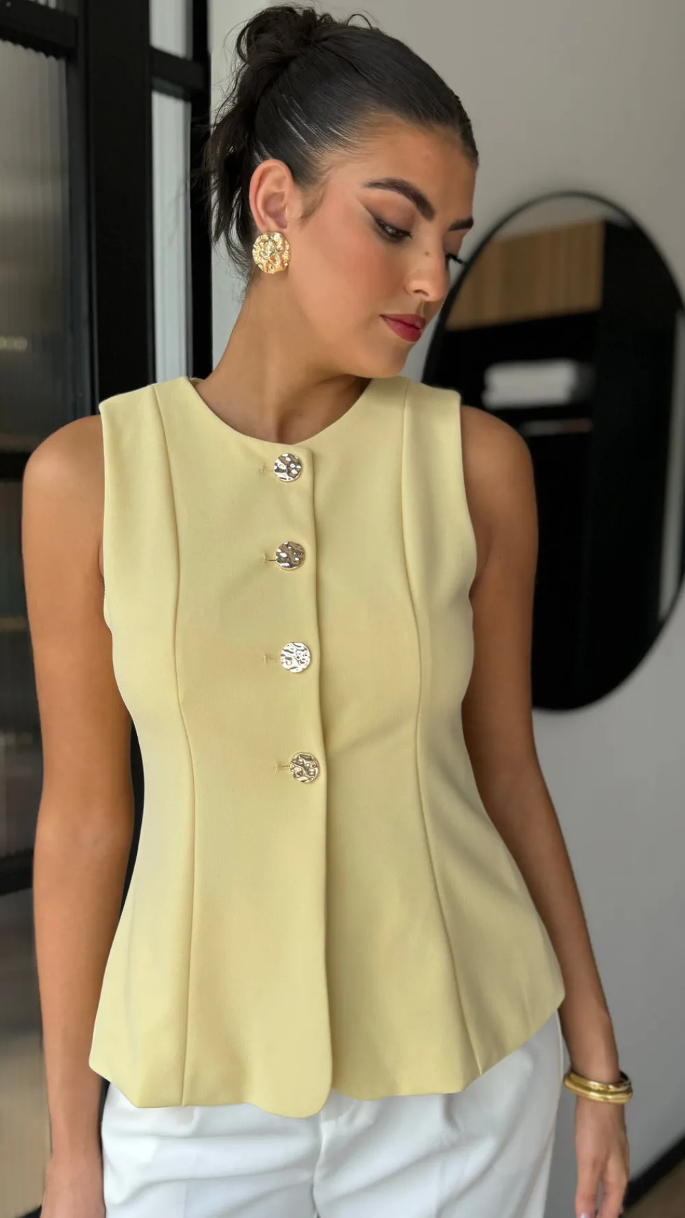 ainsley_yellow_gold_butto_1.webp PARIS FASHION SHOPS Tops^Ainsley Yellow Gold Button Detail Waistcoat