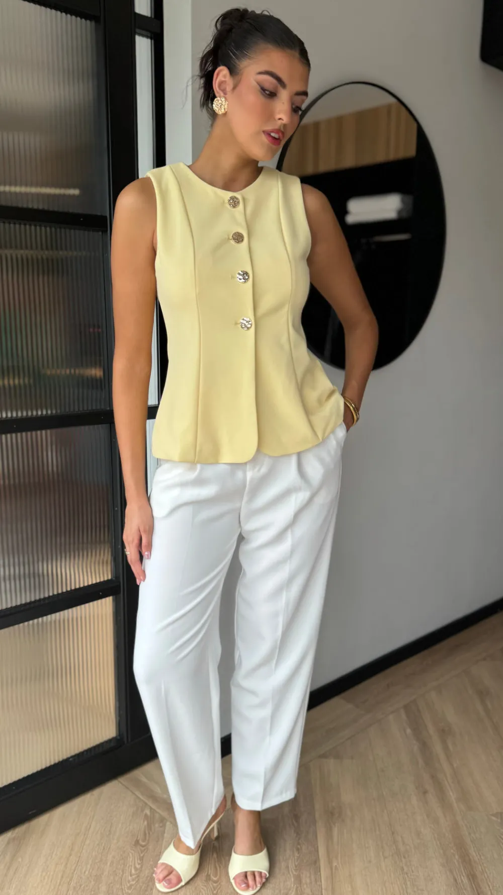 ainsley_yellow_gold_butto_3.webp PARIS FASHION SHOPS Tops^Ainsley Yellow Gold Button Detail Waistcoat