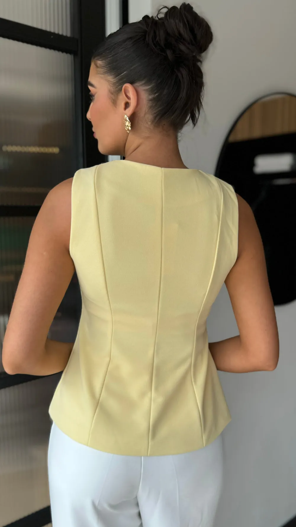 ainsley_yellow_gold_butto_5.webp PARIS FASHION SHOPS Tops^Ainsley Yellow Gold Button Detail Waistcoat