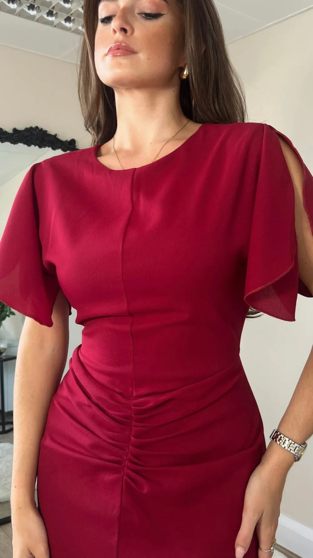 alexa_burgundy_ruched_det_1.webp GIRL IN MIND Going Out Dresses | Occasion Dresses^Alexa Burgundy Ruched Detail Midi Dress