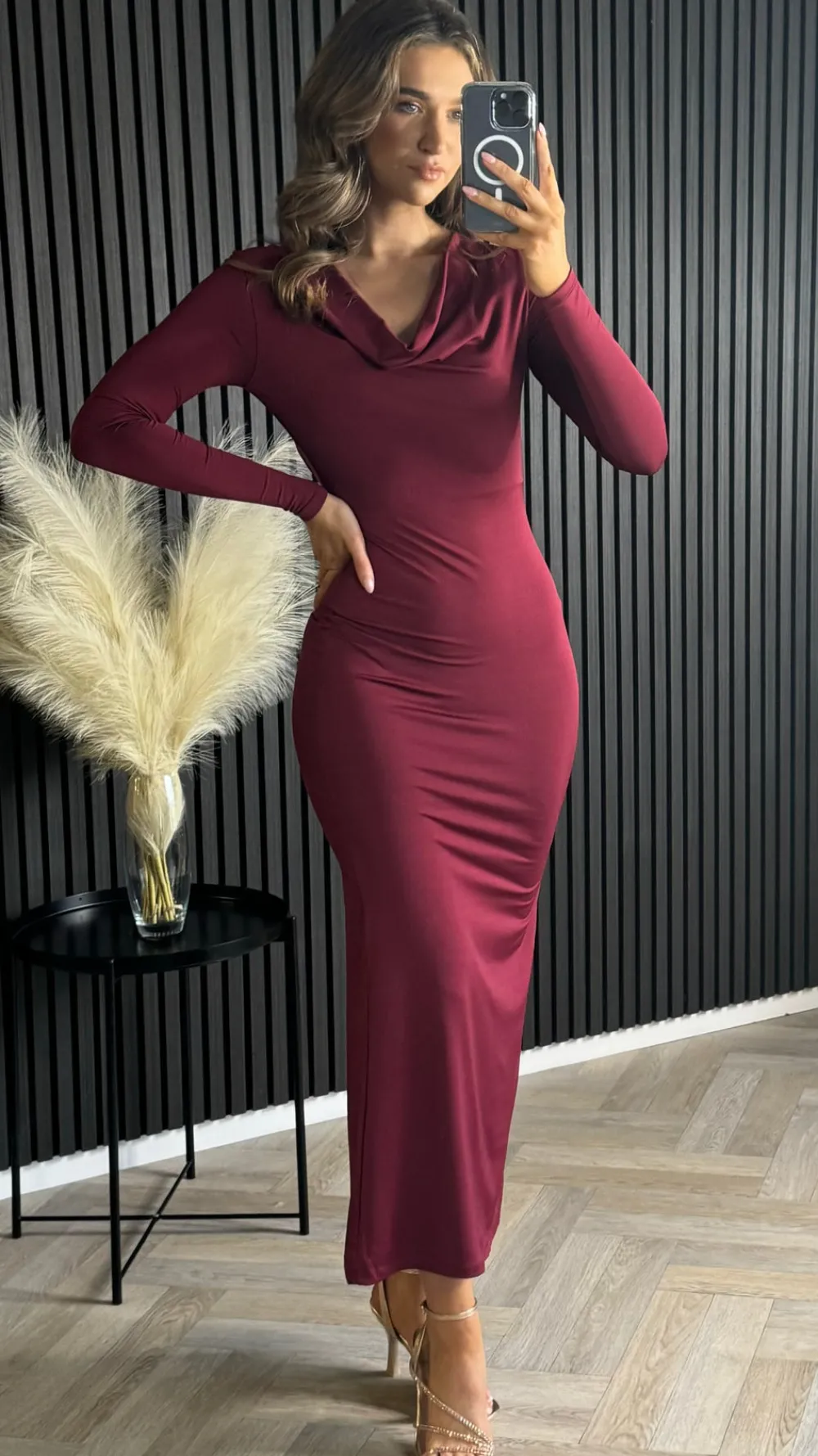 alisha_burgundy_cowl_neck_7.webp COPPEROSE Going Out Dresses | Occasion Dresses^Alisha Burgundy Cowl Neck Long Sleeve Midi Dress