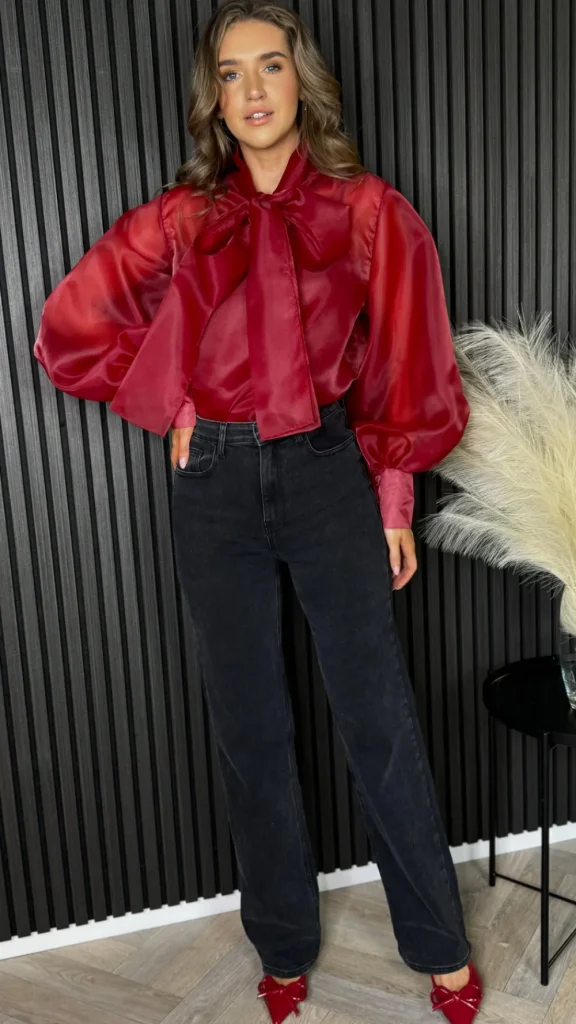 TIMELY Tops^Allie Burgundy Large Bow Detail Top