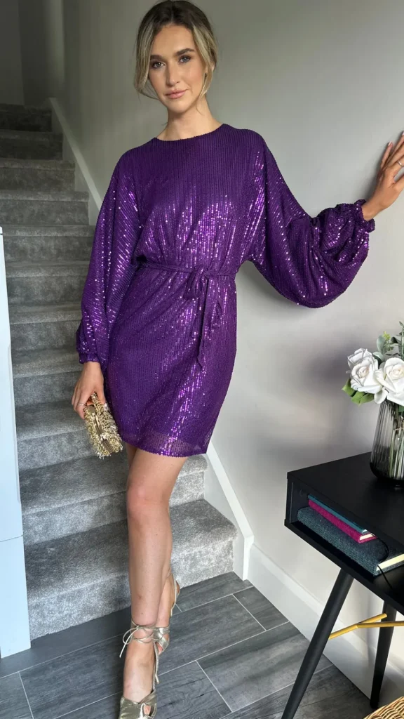 COPPEROSE Fitted Dresses | Going Out Dresses^Alyona Purple Sequin Wide Sleeve Mini Dress