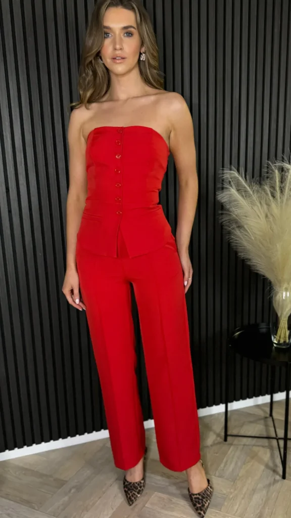 COPPEROSE Co-ords^Amelie Red High Waisted Trousers & Bandeau Waistcoat Co Ord