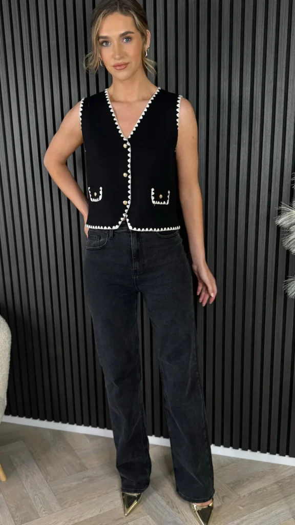 LUCCE Tops^Angeline Black & White Trimmed Knit Waistcoat