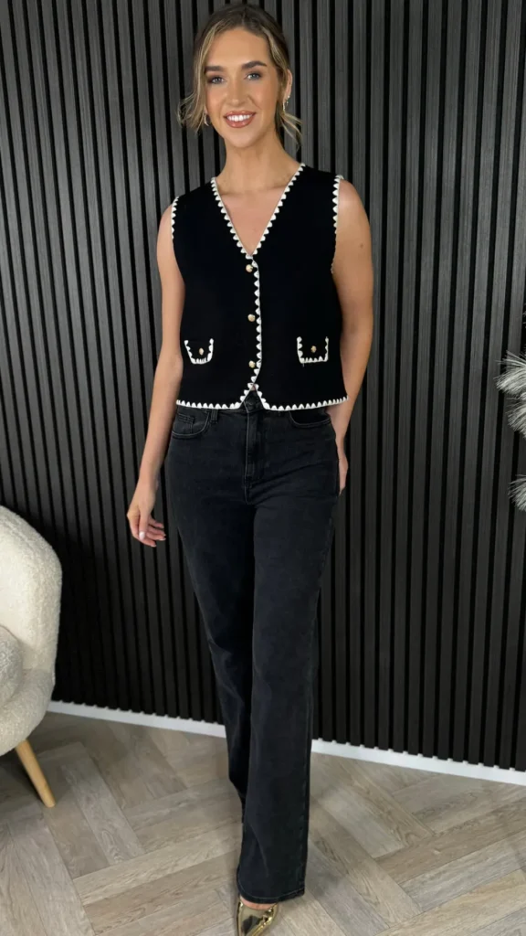 LUCCE Tops^Angeline Black & White Trimmed Knit Waistcoat