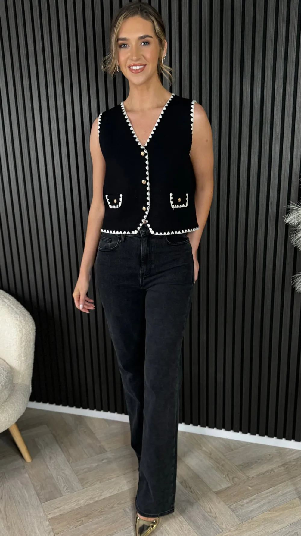 angeline_black_amp_white__3.webp LUCCE Tops^Angeline Black & White Trimmed Knit Waistcoat