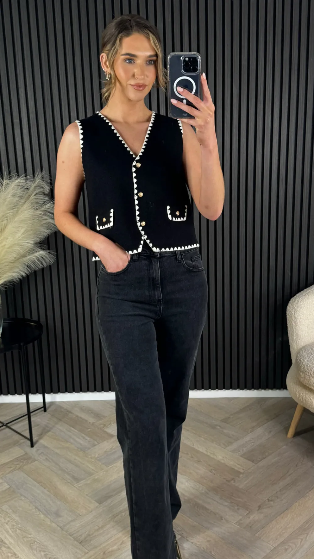 angeline_black_amp_white__4.webp LUCCE Tops^Angeline Black & White Trimmed Knit Waistcoat