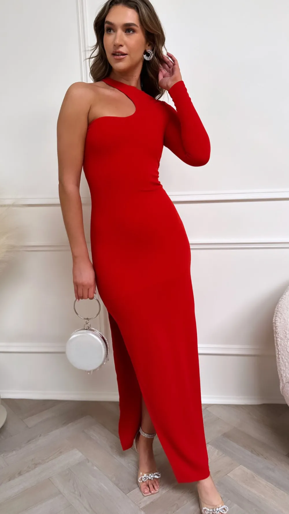 anisa_red_one_sleeve_slit_0.webp GIRL IN MIND Fitted Dresses | Occasion Dresses^Anisa Red One Sleeve Slit Bodycon Maxi Dress