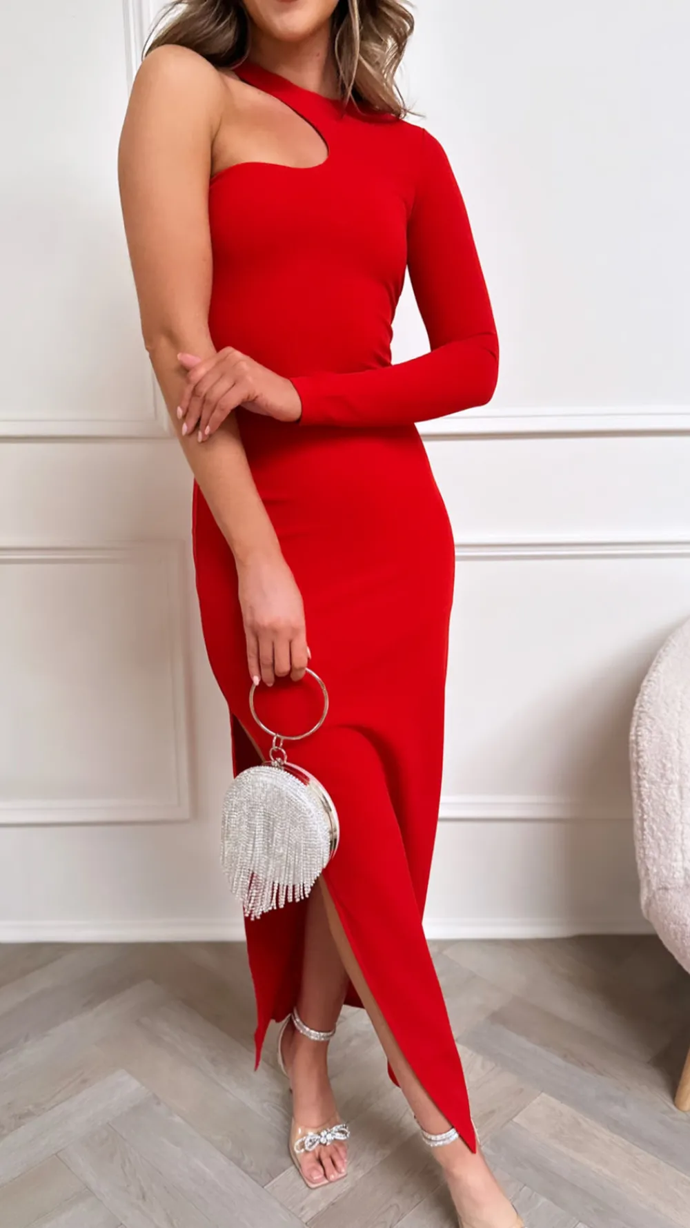 anisa_red_one_sleeve_slit_2.webp GIRL IN MIND Fitted Dresses | Occasion Dresses^Anisa Red One Sleeve Slit Bodycon Maxi Dress