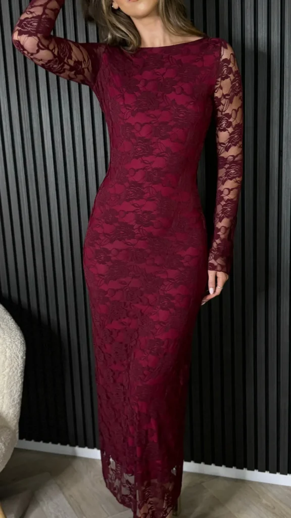 COPPEROSE Going Out Dresses | Occasion Dresses^Annabella Burgundy Floral Lace Detail Backless Midi Dress