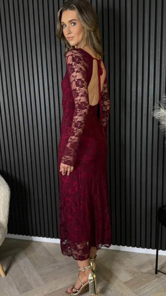 COPPEROSE Going Out Dresses | Occasion Dresses^Annabella Burgundy Floral Lace Detail Backless Midi Dress