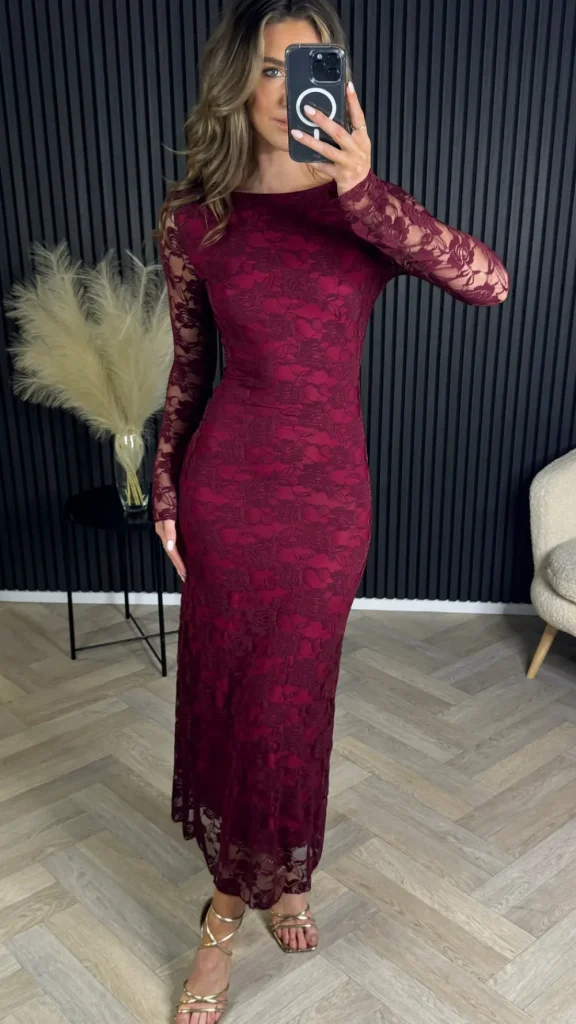 COPPEROSE Going Out Dresses | Occasion Dresses^Annabella Burgundy Floral Lace Detail Backless Midi Dress