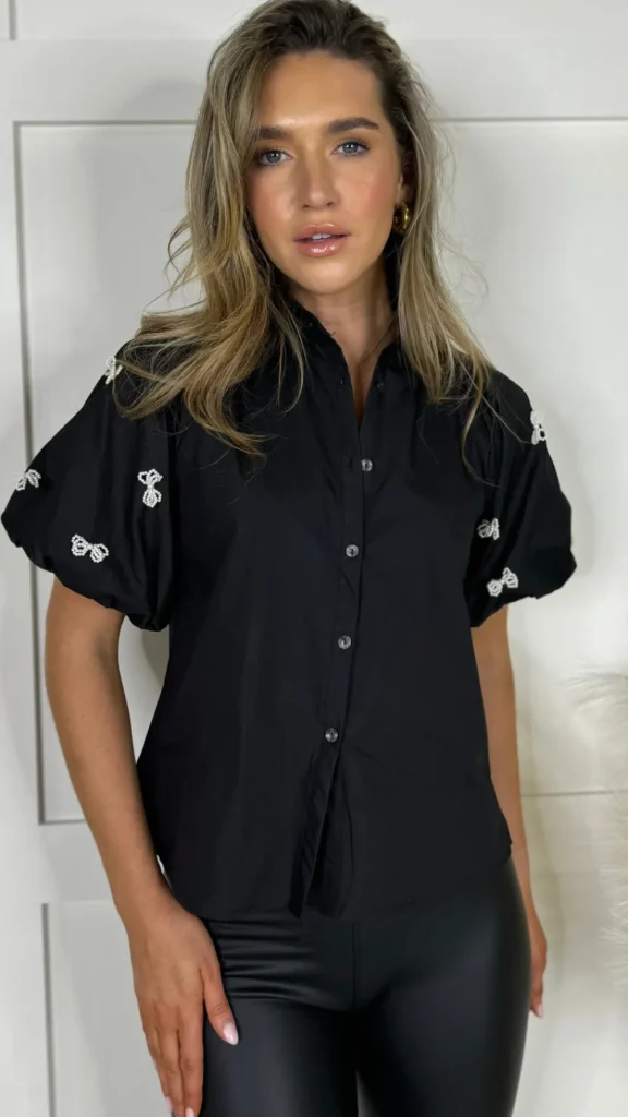 PARIS FASHION SHOPS Tops^Annabelle Black Puff Sleeve Bow Embellished Shirt