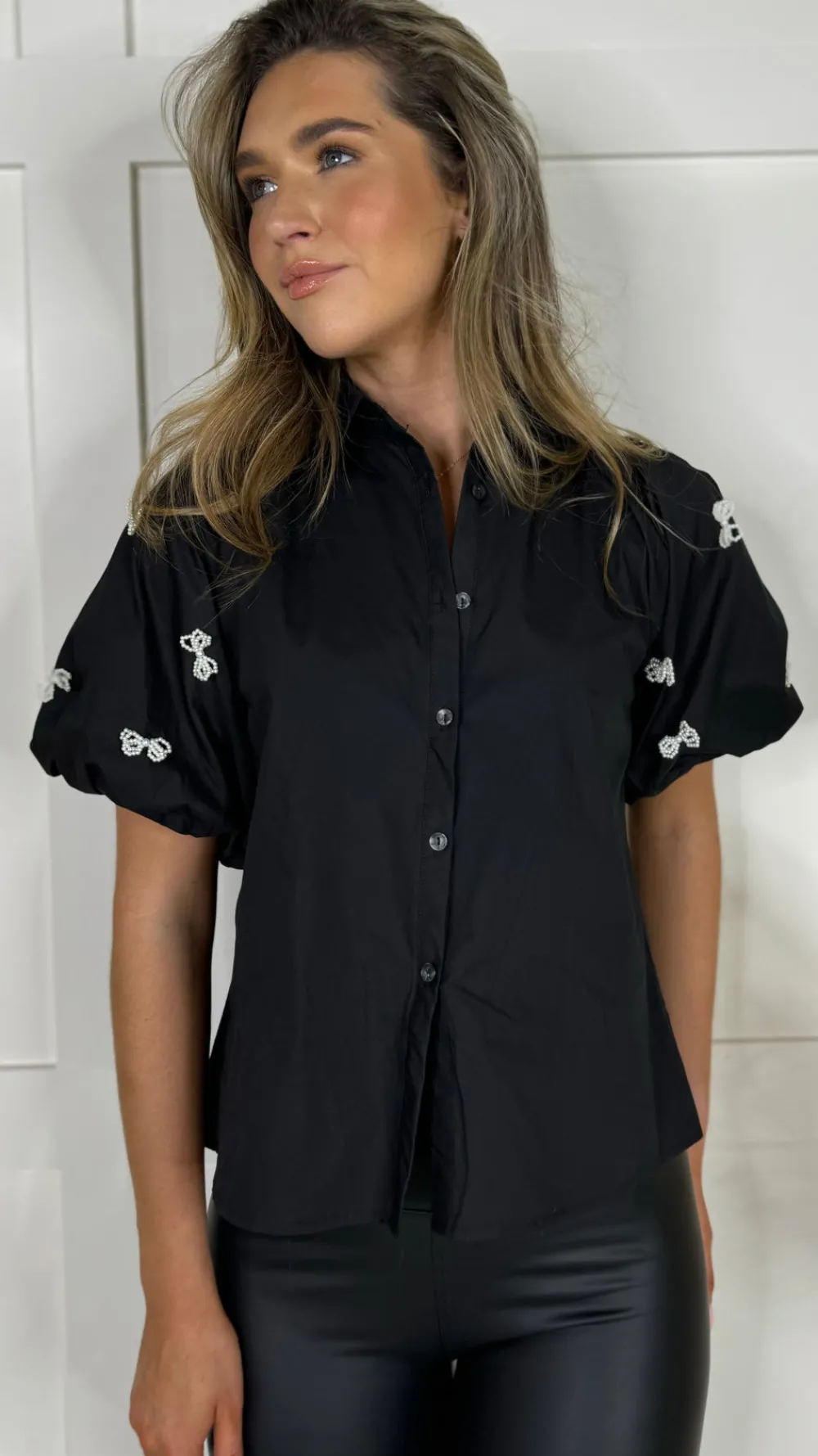 annabelle_black_puff_slee_1.webp PARIS FASHION SHOPS Tops^Annabelle Black Puff Sleeve Bow Embellished Shirt