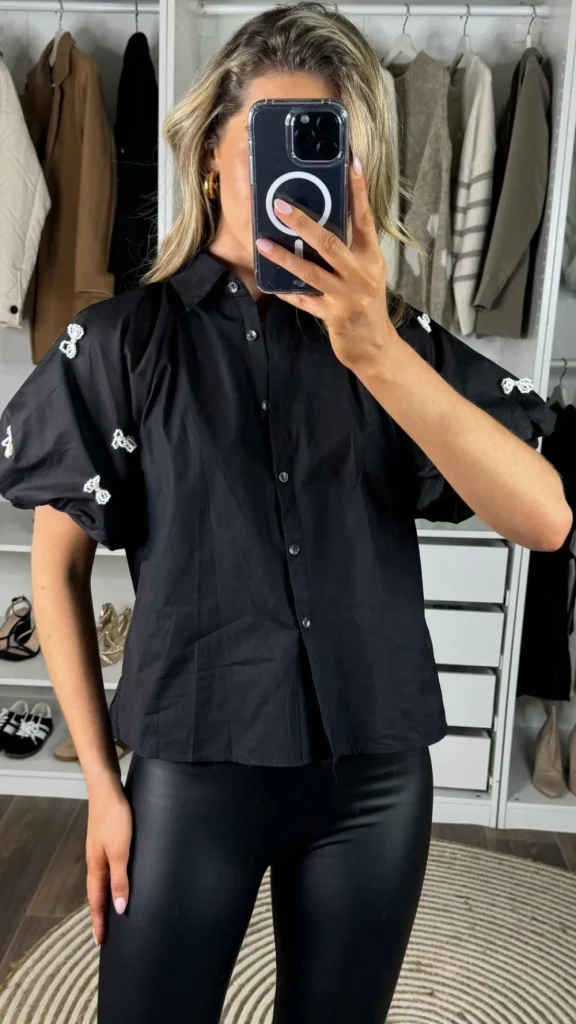PARIS FASHION SHOPS Tops^Annabelle Black Puff Sleeve Bow Embellished Shirt