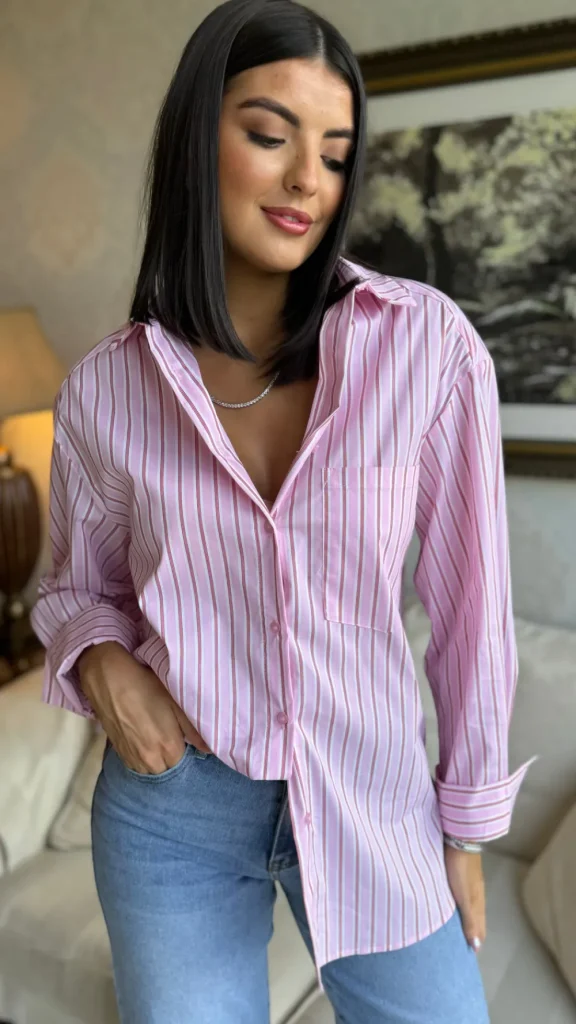 VERA LUCY Tops^Annalie Pink Pinstripe Oversized Shirt