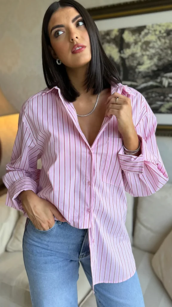 VERA LUCY Tops^Annalie Pink Pinstripe Oversized Shirt