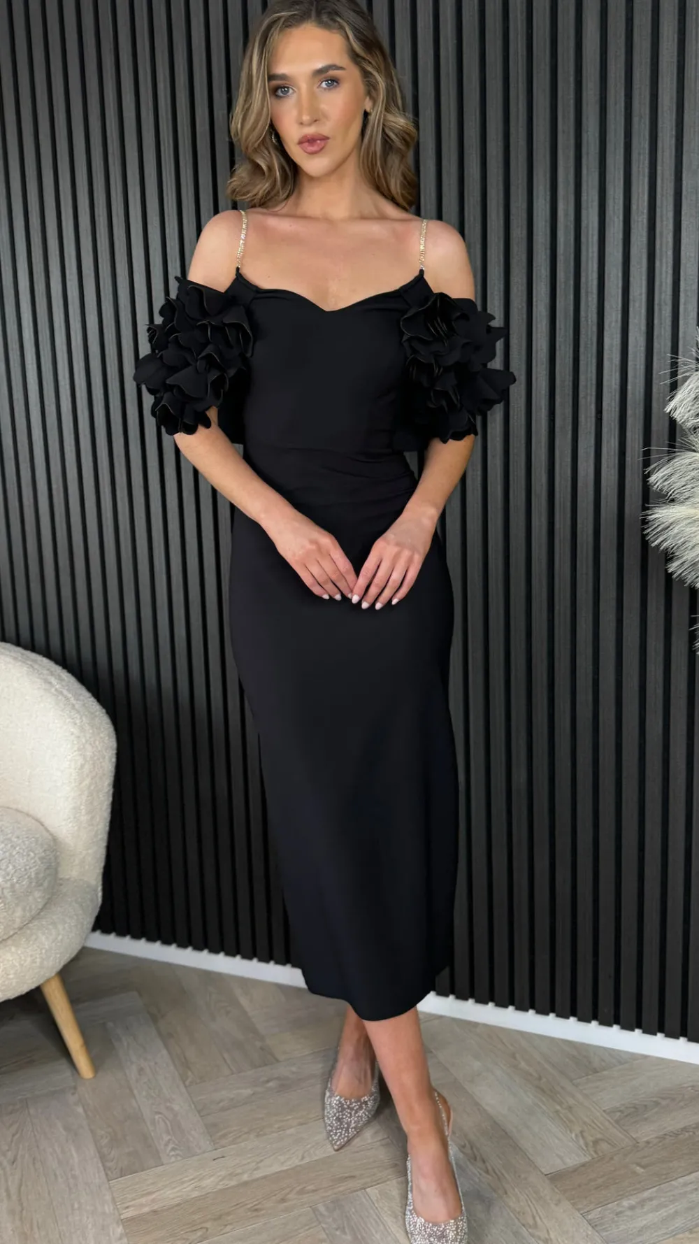 antonia_black_diamante_st_1.webp MODADAYS Going Out Dresses | Occasion Dresses^Antonia Black Diamante Strap Ruffle Detail Midi Dress