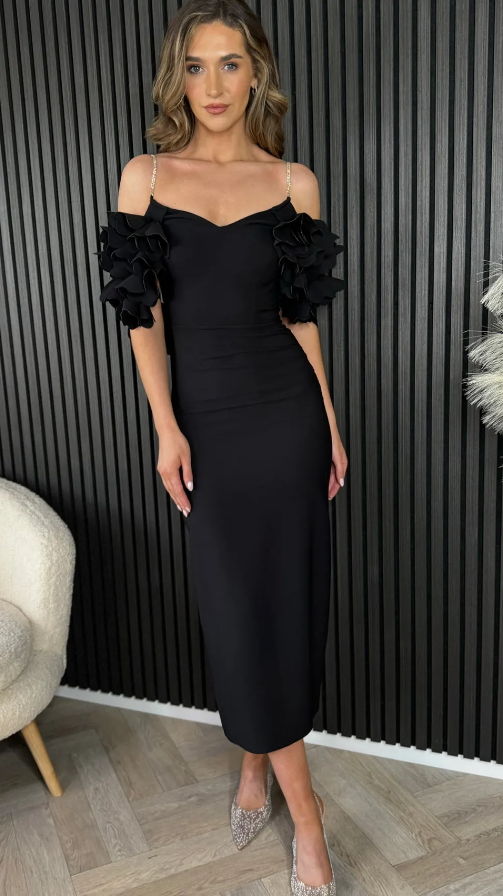 antonia_black_diamante_st_3.webp MODADAYS Going Out Dresses | Occasion Dresses^Antonia Black Diamante Strap Ruffle Detail Midi Dress