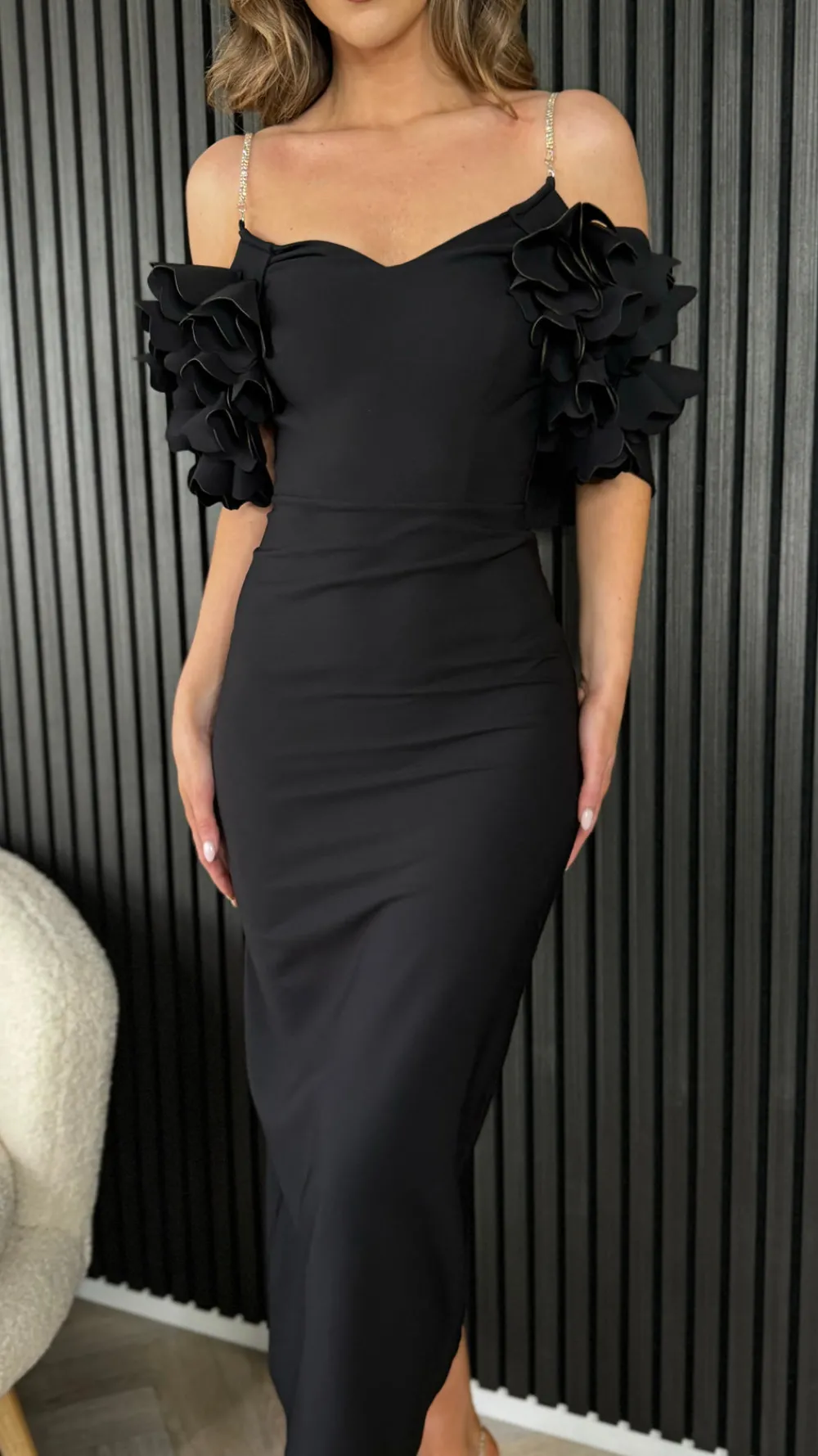 antonia_black_diamante_st_4.webp MODADAYS Going Out Dresses | Occasion Dresses^Antonia Black Diamante Strap Ruffle Detail Midi Dress
