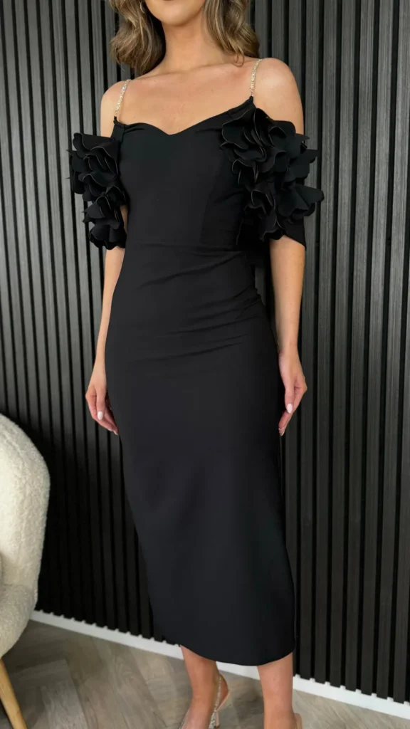 MODADAYS Going Out Dresses | Occasion Dresses^Antonia Black Diamante Strap Ruffle Detail Midi Dress