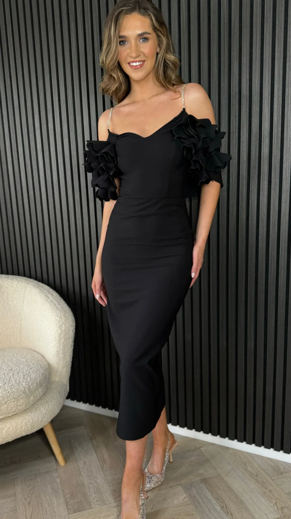 antonia_black_diamante_st_6.webp MODADAYS Going Out Dresses | Occasion Dresses^Antonia Black Diamante Strap Ruffle Detail Midi Dress
