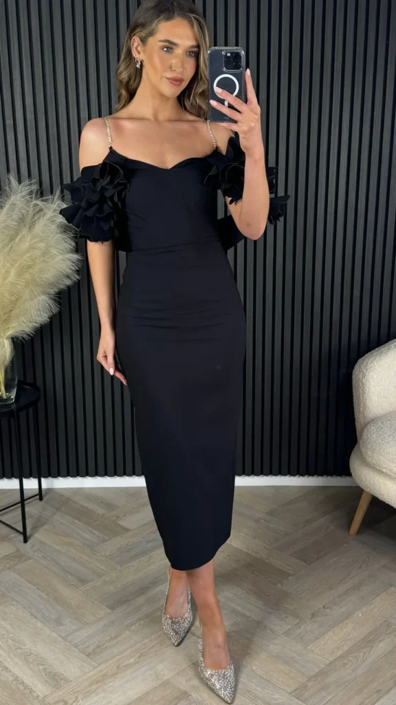 MODADAYS Going Out Dresses | Occasion Dresses^Antonia Black Diamante Strap Ruffle Detail Midi Dress