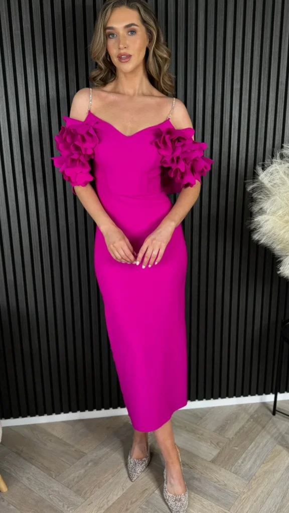 MODADAYS Going Out Dresses | Occasion Dresses^Antonia Cerise Pink Diamante Strap Ruffle Detail Midi Dress