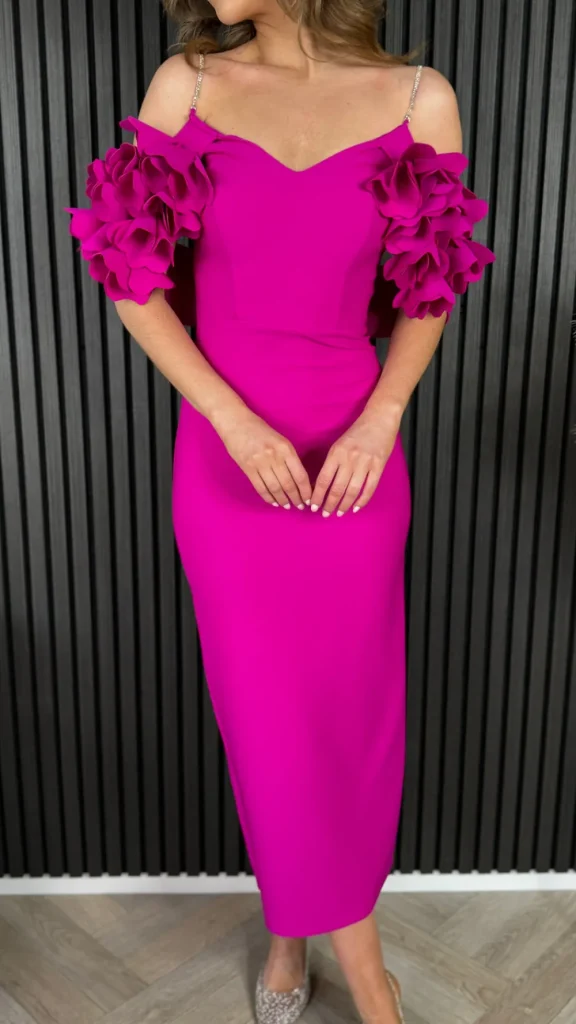 MODADAYS Going Out Dresses | Occasion Dresses^Antonia Cerise Pink Diamante Strap Ruffle Detail Midi Dress