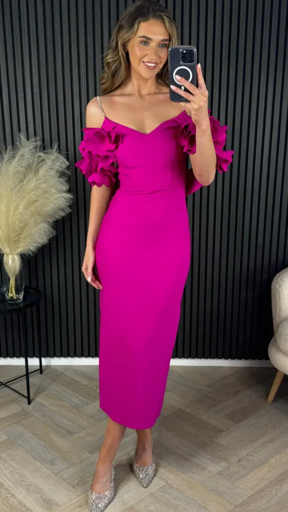 MODADAYS Going Out Dresses | Occasion Dresses^Antonia Cerise Pink Diamante Strap Ruffle Detail Midi Dress