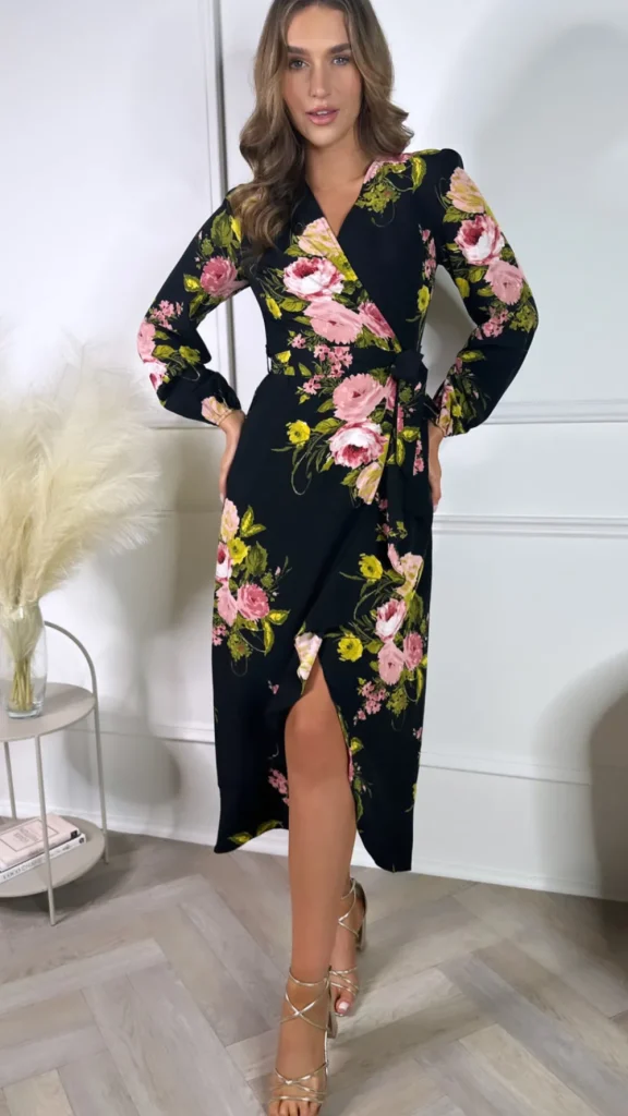GIRL IN MIND Going Out Dresses | Occasion Dresses^Antonio Black Floral Long Sleeve Wrap Midi Dress