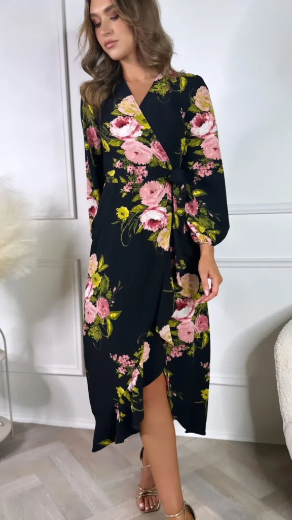 GIRL IN MIND Going Out Dresses | Occasion Dresses^Antonio Black Floral Long Sleeve Wrap Midi Dress