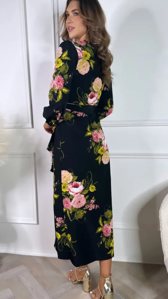 GIRL IN MIND Going Out Dresses | Occasion Dresses^Antonio Black Floral Long Sleeve Wrap Midi Dress