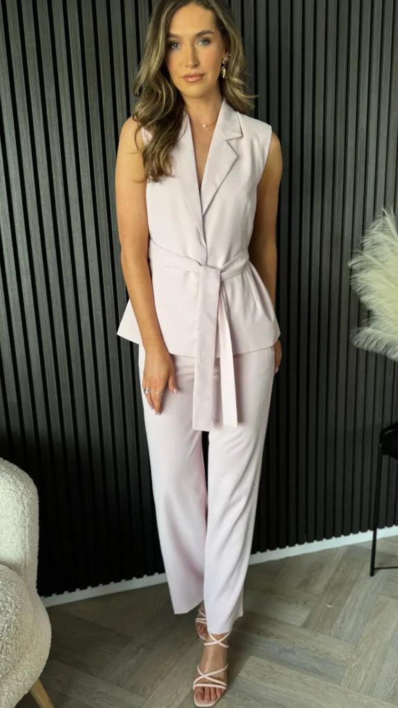 GIRL IN MIND Co-ords^Aoife Light Pink Wide Leg Trousers & Belted Waistcoat Co Ord