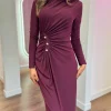 ALLYSON Going Out Dresses | Occasion Dresses^Ariana Burgundy Button Detail Ruched High Neck Midi Dress