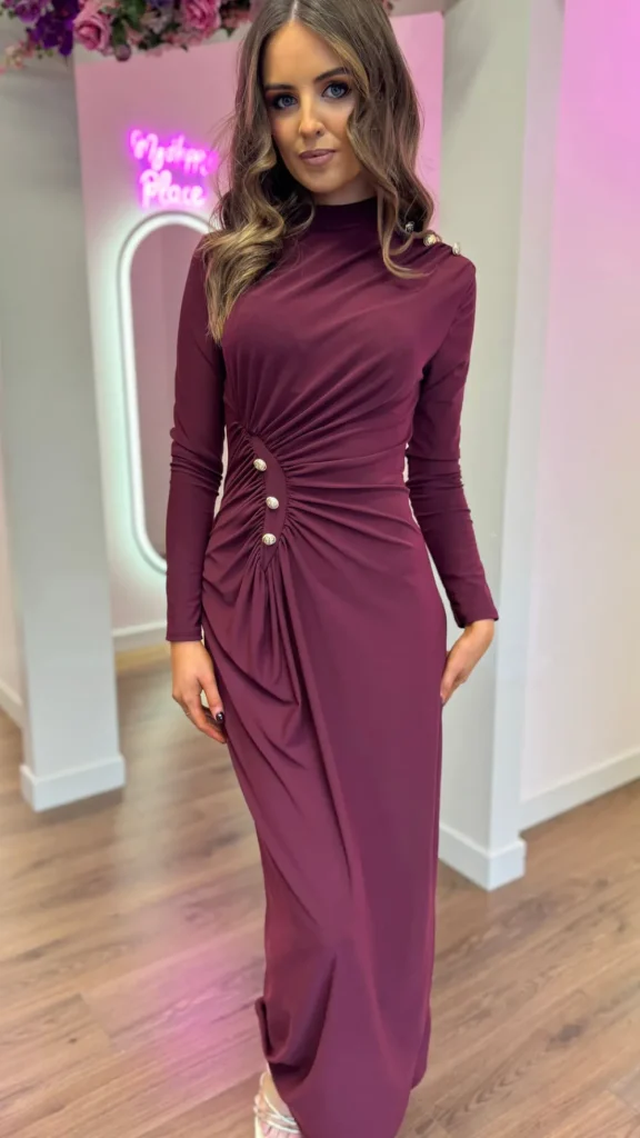 ALLYSON Going Out Dresses | Occasion Dresses^Ariana Burgundy Button Detail Ruched High Neck Midi Dress