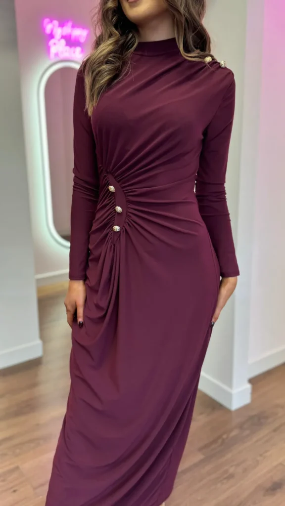 ALLYSON Going Out Dresses | Occasion Dresses^Ariana Burgundy Button Detail Ruched High Neck Midi Dress