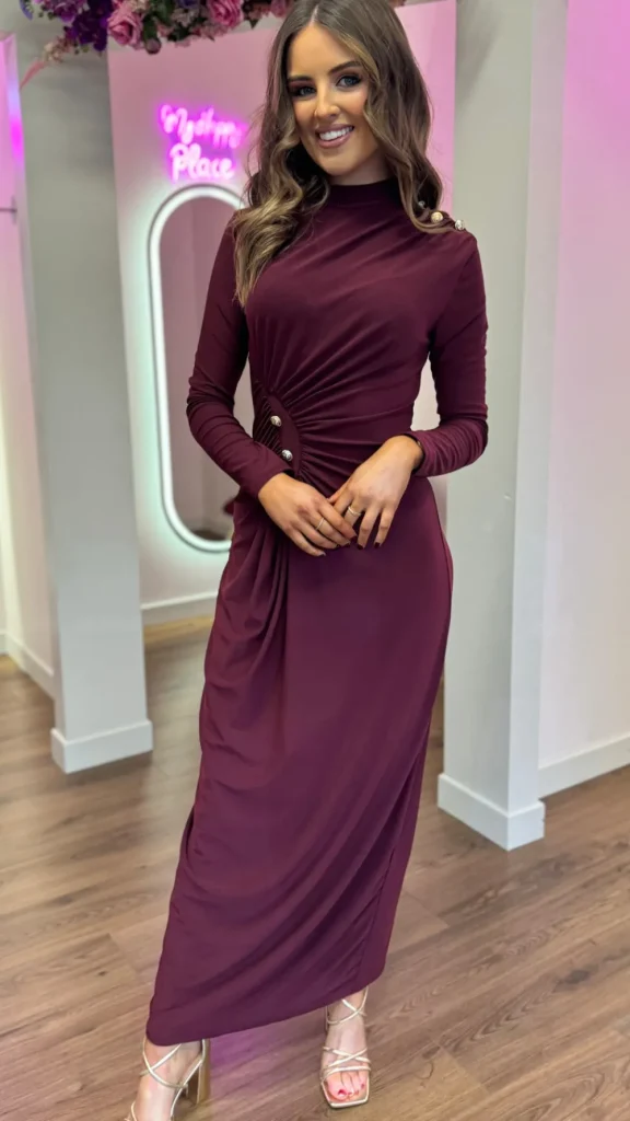 ALLYSON Going Out Dresses | Occasion Dresses^Ariana Burgundy Button Detail Ruched High Neck Midi Dress