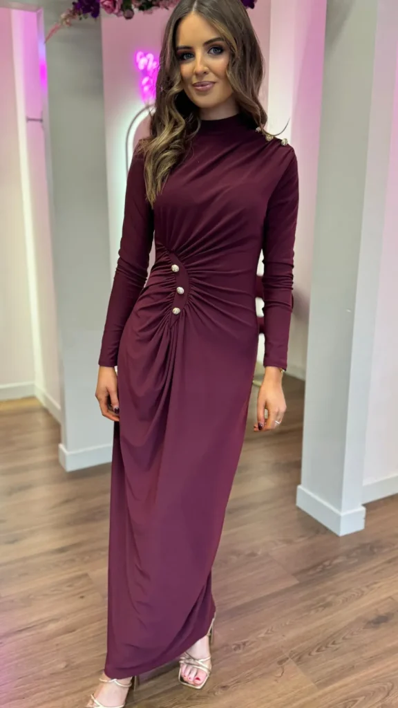 ALLYSON Going Out Dresses | Occasion Dresses^Ariana Burgundy Button Detail Ruched High Neck Midi Dress