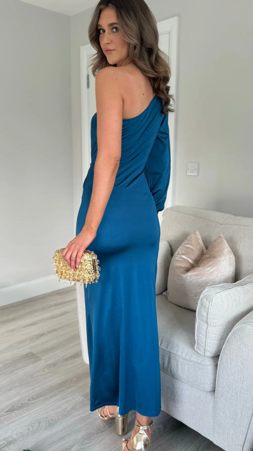 arianna_petrol_blue_one_s_6.webp SARL KAIA Fitted Dresses | Going Out Dresses^Arianna Petrol Blue One Sleeve Ruched Detail Midi Dress