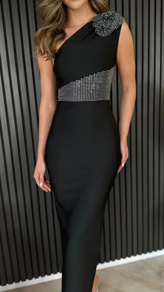 FP & CO Fitted Dresses | Going Out Dresses^Arya Black One Shoulder Corsage Embellished Bandage Midi Dress